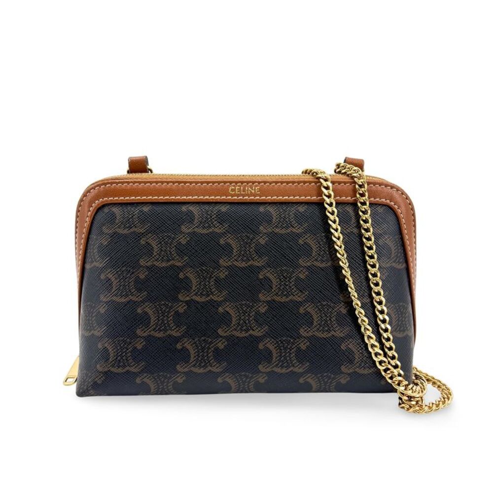 Celine Triomphe Canvas Chain Clutch Tan